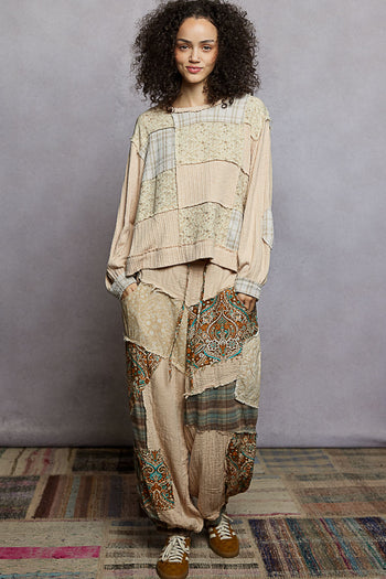 POL Mixed Print Patchwork Top in Toasted Almond
