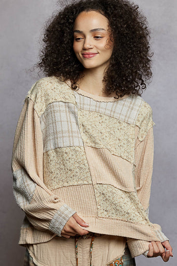 POL Mixed Print Patchwork Top in Toasted Almond