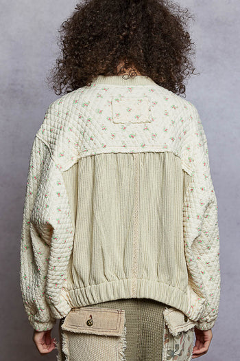 POL Quilted Floral and Ribbed Knit Jacket in Cream Multi