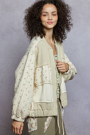 POL Quilted Floral and Ribbed Knit Jacket in Cream Multi