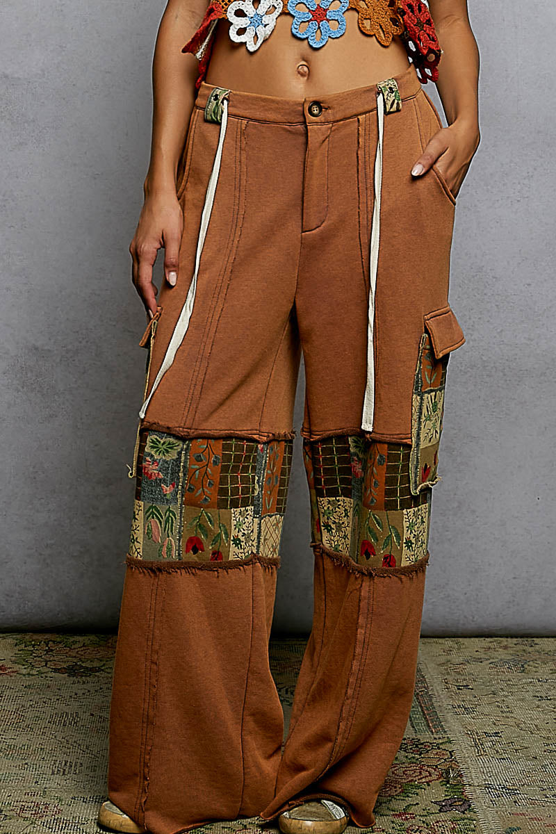 POL French Terry Pants with Mixed Print Patch in Chocolate Mousse