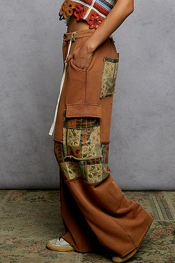 POL French Terry Pants with Mixed Print Patch in Chocolate Mousse