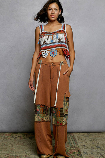 POL French Terry Pants with Mixed Print Patch in Chocolate Mousse