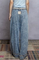 POL Denim and Floral Panel Studded and Lace Detailed Pants in Denim
