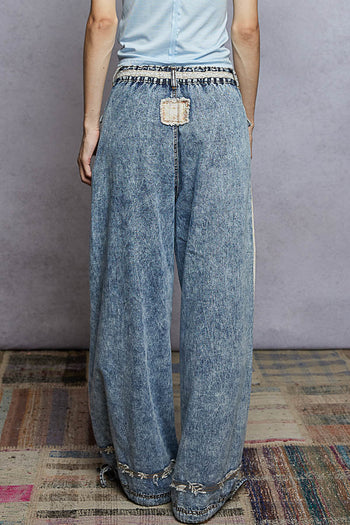 POL Denim and Floral Panel Studded and Lace Detailed Pants in Denim