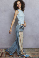 POL Denim and Floral Panel Studded and Lace Detailed Pants in Denim