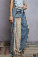 POL Denim and Floral Panel Studded and Lace Detailed Pants in Denim