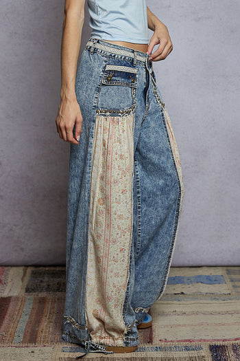POL Denim and Floral Panel Studded and Lace Detailed Pants in Denim
