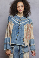 POL Denim and Floral Panel Studded and Lace Detailed Top in Denim ON ORDER