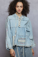 POL Hooded Baby Doll Top with Lace Patches and Floral Embroidery in Denim