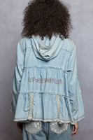 POL Hooded Baby Doll Top with Lace Patches and Floral Embroidery in Denim