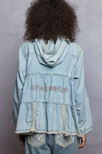 POL Hooded Baby Doll Top with Lace Patches and Floral Embroidery in Denim