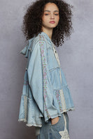 POL Hooded Baby Doll Top with Lace Patches and Floral Embroidery in Denim