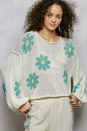 POL Lightweight Flower Print Knit Sweater in Ivory