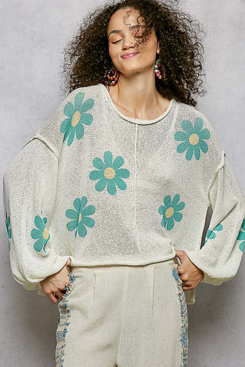 POL Lightweight Flower Print Knit Sweater in Ivory