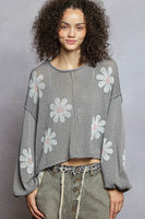 POL Lightweight Flower Print Knit Sweater in Koala Grey