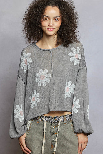 POL Lightweight Flower Print Knit Sweater in Koala Grey