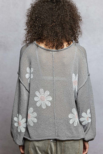 POL Lightweight Flower Print Knit Sweater in Koala Grey