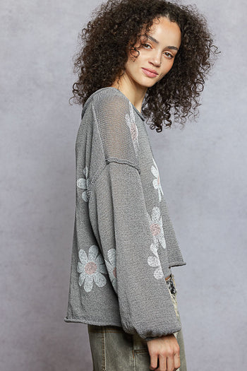 POL Lightweight Flower Print Knit Sweater in Koala Grey