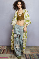 POL Open Front Floral Crochet Maxi Cardigan in Natural/Olive