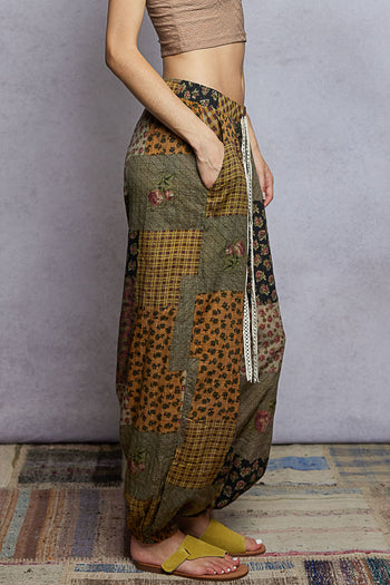 POL Multi Print Patchwork Joggers in Taupe Multi