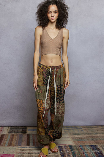 POL Multi Print Patchwork Joggers in Taupe Multi