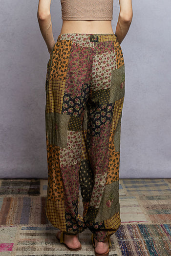 POL Multi Print Patchwork Joggers in Taupe Multi