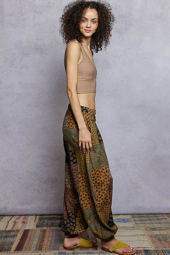 POL Multi Print Patchwork Joggers in Taupe Multi