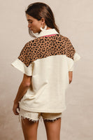 BiBi Soft Knit Collared Top with Contrasting Color and Leopard Print in Ivory