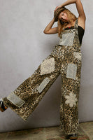 POL Printed Twill Overalls with Mixed Crochet Patches in Sand Leopard