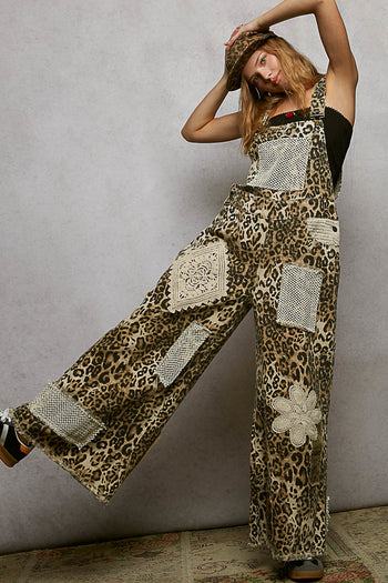 POL Printed Twill Overalls with Mixed Crochet Patches in Sand Leopard