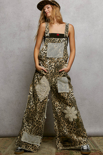 POL Printed Twill Overalls with Mixed Crochet Patches in Sand Leopard