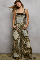 POL Printed Twill Overalls with Mixed Crochet Patches in Sand Leopard