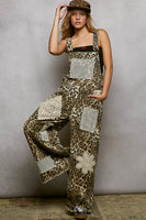 POL Printed Twill Overalls with Mixed Crochet Patches in Sand Leopard