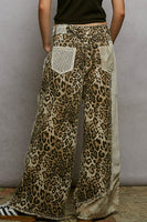 POL Denim Studded and Crochet Patch Pants in Sand Leopard