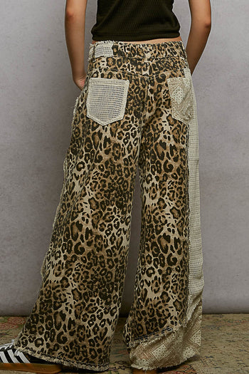POL Denim Studded and Crochet Patch Pants in Sand Leopard