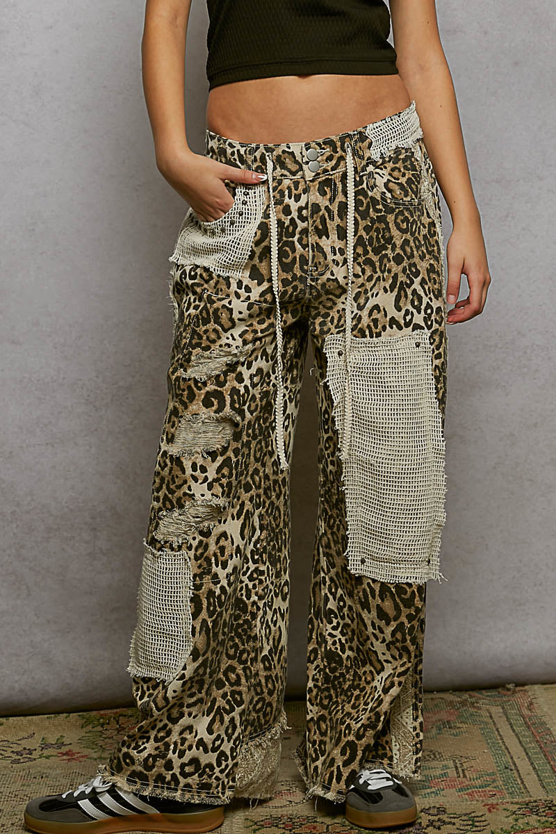 POL Denim Studded and Crochet Patch Pants in Sand Leopard