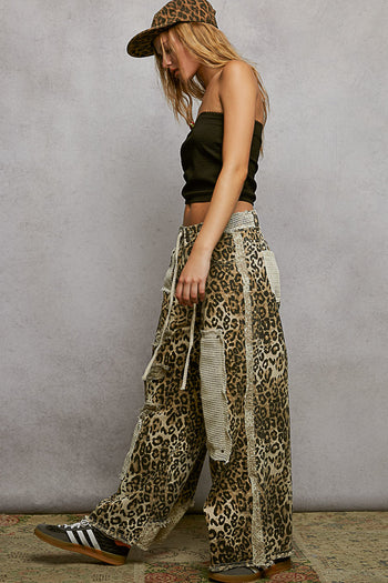 POL Denim Studded and Crochet Patch Pants in Sand Leopard