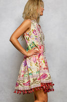 POL Mixed Print and Tassel Detail Tiered Mini Dress in Cream Multi