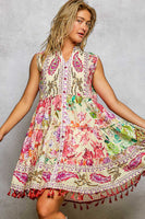 POL Mixed Print and Tassel Detail Tiered Mini Dress in Cream Multi