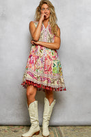POL Mixed Print and Tassel Detail Tiered Mini Dress in Cream Multi