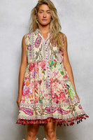 POL Mixed Print and Tassel Detail Tiered Mini Dress in Cream Multi
