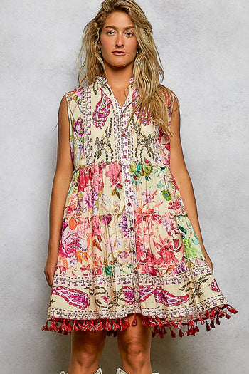 POL Mixed Print and Tassel Detail Tiered Mini Dress in Cream Multi