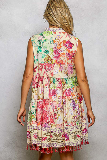 POL Mixed Print and Tassel Detail Tiered Mini Dress in Cream Multi