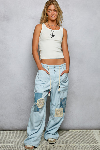 POL Striped Twill Barrel Pants with Mixed Patches in Denim Striped