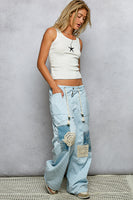 POL Striped Twill Barrel Pants with Mixed Patches in Denim Striped