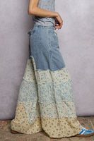 POL Twill Pants with Contrasting Asymmetrical Patchwork in Light Denim Multi