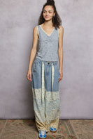 POL Twill Pants with Contrasting Asymmetrical Patchwork in Light Denim Multi