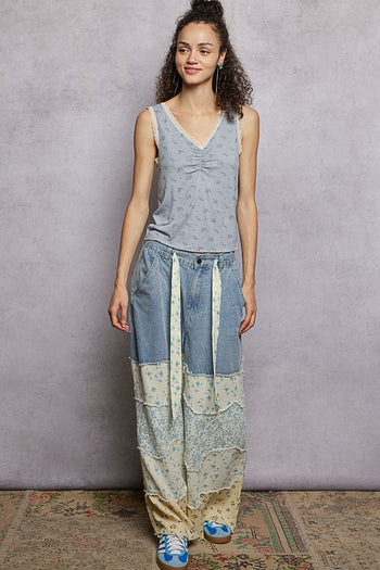 POL Twill Pants with Contrasting Asymmetrical Patchwork in Light Denim Multi