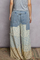 POL Twill Pants with Contrasting Asymmetrical Patchwork in Light Denim Multi